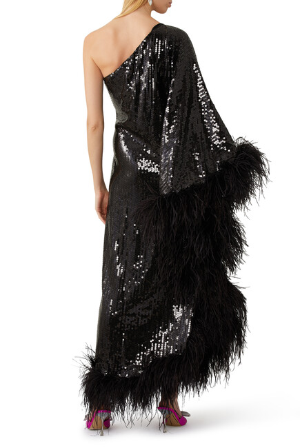 Disco Ubud One-Shoulder Feather-Trimmed Dress